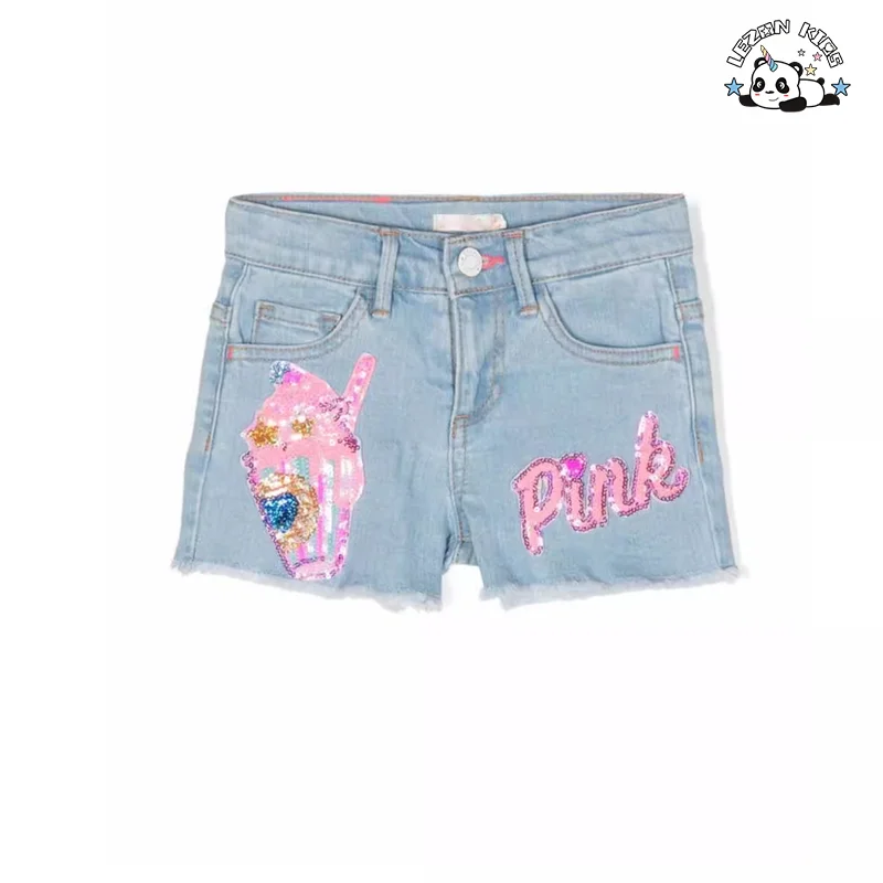 LEZONKIDS - 2024 Shorts de ganga de verão novas moda com remendos de lantejoulas para meninas de 2-14 anos para uso diário